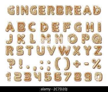 Set of vector gingerbread dark brown cookies tasty delicious shaped english alphabet font letters, icing-sugar covered signs, arabic numbers isolated on white background Stock Vector