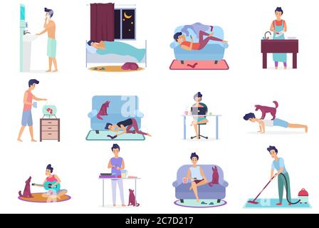 Daily life, everyday routine scenes of young man. Playing on guitar with dog, watching TV, working on laptop, sleeping, cleaning room, cooking, washing clothes, doing exercises vector illustration Stock Vector