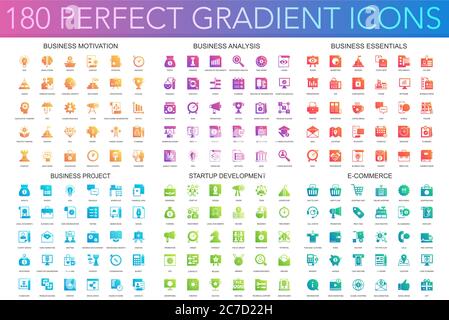180 vector trendy perfect gradient icons set of business motivation, analysis, business essentials, business project, startup development, e commerce Stock Vector