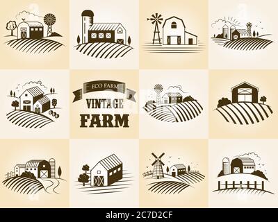 Set of vintage eco farm label, landscapes, buildings, fileds. Retro woodcut style vector illustration Stock Vector