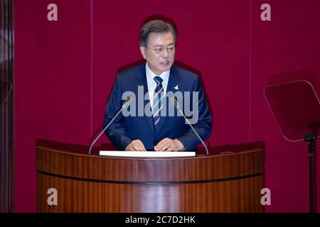 Seoul, Hawaii, SOUTH KOREA. 24th June, 2020. July 16, 2020-Seoul, South Korea-Moon Jae-in, South Korea's president, speaks at the National Assembly in Seoul, South Korea, on Thursday, July 16, 2020. Credit: Pool/ZUMA Wire/Alamy Live News Stock Photo