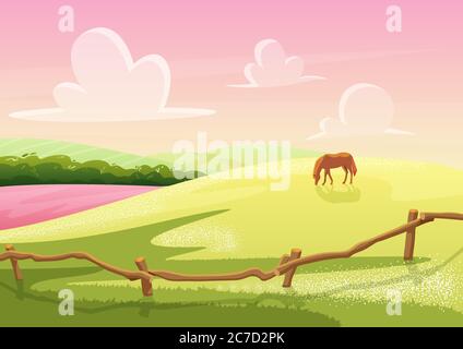 Summer cute sunny cartoon rural glade hills view with grazed horse on the field. Cartoon vector illustration for greeting card, game, banner, poster Stock Vector