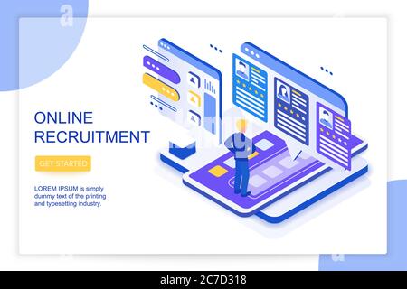 Online job searching and recruitment, human resource concept. We are hiring. 3d isometric landing website page template vector illustration Stock Vector