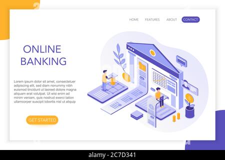 Online Banking, secure payments, bank account 3d isometric landing page template. People, virtual screen charts with statistics vector illustration Stock Vector