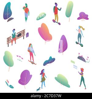 Different isomeric 2d flat people in public park. Male and female have outdoor activity vector illustration Stock Vector