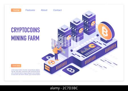Cryptocurrency mining farm. Bitcoin financial transactions, Digital currency. Crypto mining, blockchain 3d concept. Crypto currency market landing page vector illustration Stock Vector