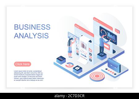 Isometric people interacting with virtual screen, analyzing business data and charts. Business data analysis. Landing page template vector illustration Stock Vector