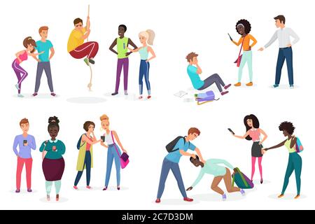Group school students bullying their groupmates. People discrimination, racism and negative communication in school and society concept vector illustration Stock Vector