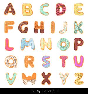 Set of delicious, sweet, like donuts, glazed, chocolate, yummy, tasty, shaped alphabet font letters isolated on white background. Colorful vector illustration Stock Vector