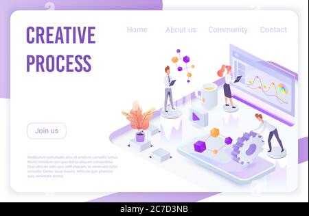 Isometric people pushing gears and analyzing data while doing creative process job. Landing page template vector illustration Stock Vector