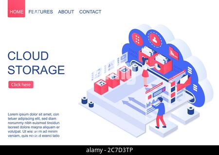 Cloud storage isometric vector landing page template. Data backup and web hosting website design layout. Digital server, database and cloud computing services 3d concept. Data uploading and webstorage Stock Vector