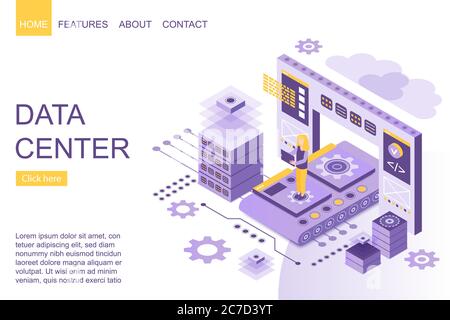 Isometric person standing amidst digital big data storage devices on landing page template vector illustration Stock Vector