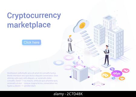 Cryptocurrency marketplace isometric landing page vector template. Cloud mining and blockchain service website design layout. Crypto currency investments, market, banking. Fintech 3d concept Stock Vector