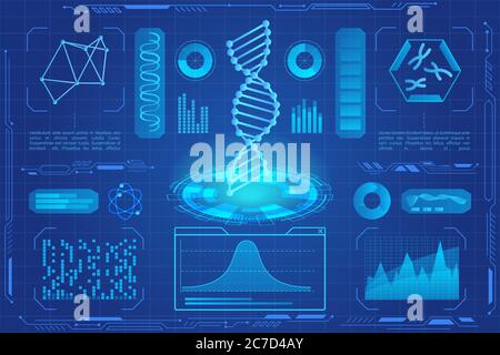 DNA modern neon light hologram vector illustration. Microbiology, genetic biotechnology, gene cell. DNA data graphs, charts. Genetic testing. Innovation technology. Stock Vector