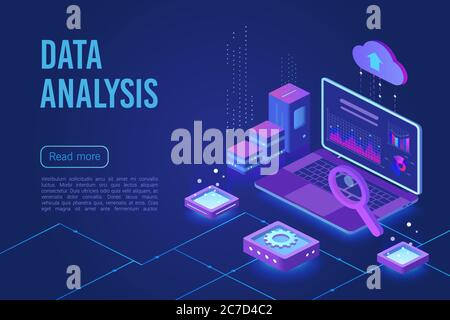Data analysis dark neon light isometric web vector template. Web analytics, marketing service. Big data, Iot 3d concept. Business financial research. Database, data storage. Statistics analyzing Stock Vector