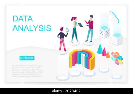 Data analysis isometric landing page vector template. Infographics, statistics, data visualization 3d concept. Market research and reports website design layout. Web analytics, metrics webpage Stock Vector