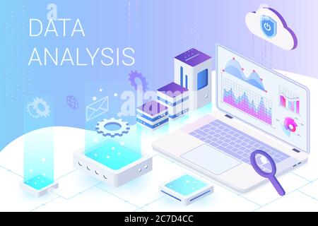 Data analysis isometric web banner vector template. Web analytics and marketing metrics service. Big data, Iot 3d concept. Business and financial research. Database, data storage. Statistics analyzing Stock Vector