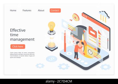 Effective time management landing page isometric vector template. Workflow optimization 3d concept. Planning schedule. Business process organization, working time control website homepage layout Stock Vector