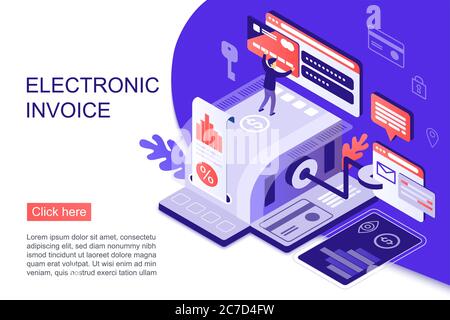 Isometric person working with virtual money and bills on website dedicated to electronic invoice landing page template vector illustration Stock Vector