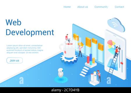 Web development isometric landing page vector template. App, software programming webpage design layout. Website optimization and customization 3d concept illustration. Digital technology, IT industry Stock Vector
