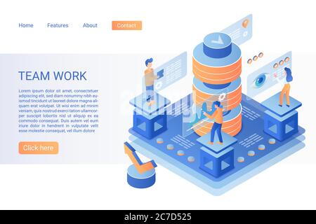 Team working landing page isometric vector template. Stock market analysis and monitoring 3d web banner concept. Marketers and analysts teamwork. Business innovation, analytics website homepage layout Stock Vector