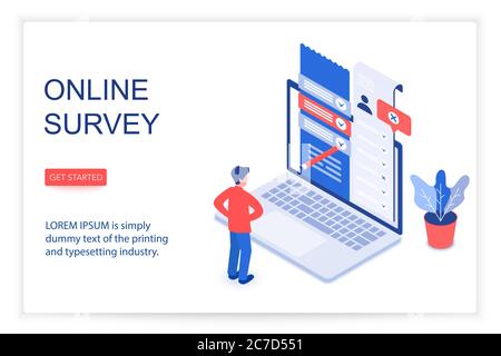 Online survey isometric landing page vector template. Customer, client feedback, review, questionnaire 3d concept illustration. Service quality check website layout. Checklist form on laptop screen Stock Vector