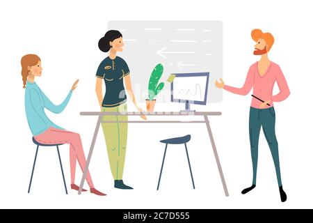 Office people scene. Men and women taking part in business meeting, negotiation, brainstorming, talking to each other cartoon vector illustration