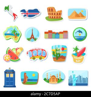 Fridge magnets flat vector illustration. Abroad, foreign countries traveling souvenirs. Famous European landmarks and tourist attractions stickers vector cartoon illustration set Stock Vector