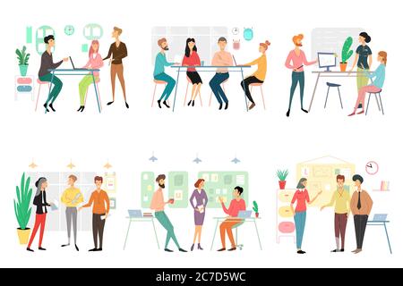 Set of different business people working in office. Brainstorming, talking discussing start up ideas, presenting project, having fun employees isolated on white background. Flat vector illustration Stock Vector