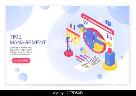 Time management, working time organization and planning concept with people 3d isometric landing website page template vector illustration Stock Vector