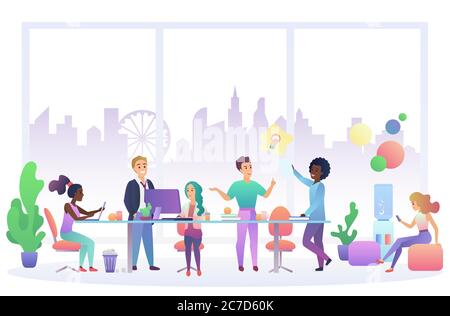 Office work flat vector illustration. Colleagues brainstorming cartoon characters. Business team working together at desk using laptops. Teamwork process, coworking. Coworkers meeting Stock Vector