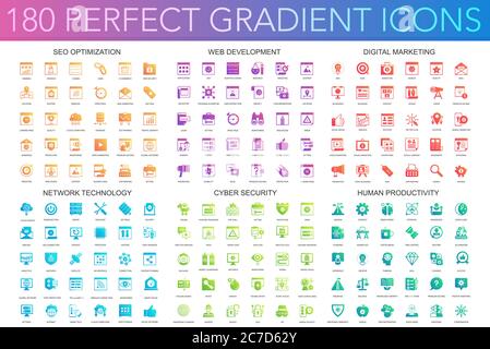 180 trendy perfect gradient icons set seo optimization, web development, digital marketing, network technology, cyber security, human productivity Stock Vector