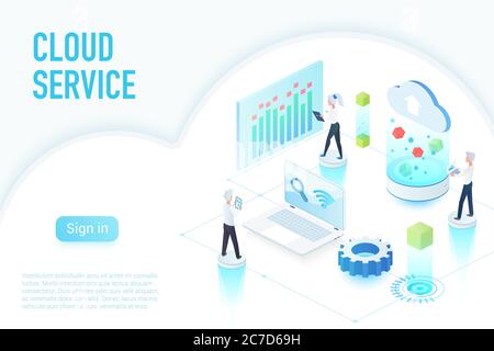Inside work process of cloud service, big data website page isometric vector illustration Stock Vector