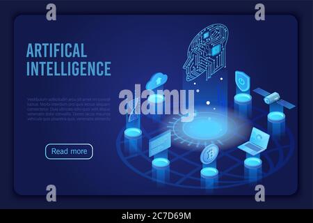 Artificial intelligence dark neon light landing page isometric vector template. Futuristic innovation, cloud computing server. Datacenter, database website homepage 3d layout Stock Vector