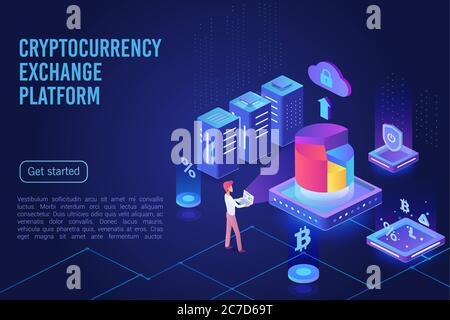 Cryptocurrency exchange platform dark ultraviolet light landing page vector template. Bitcoin financial transactions, e billing service website. Crypto mining, blockchain 3d concept. Crypto currency market Stock Vector