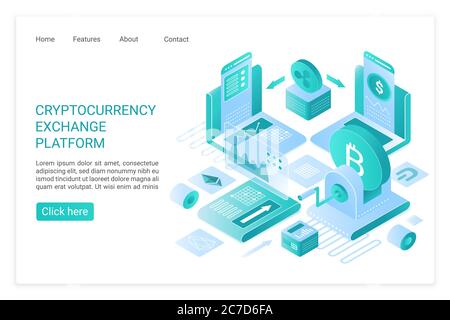 Cryptocurrency exchange platform landing page vector template. Cryptocurrency marketplace for exchange of Bitcoin and other digital crypto currencies. Isometric vector illustration Stock Vector