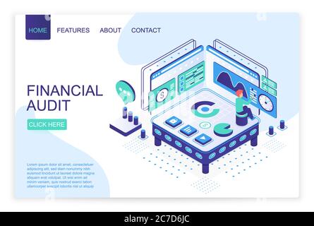 Financial audit landing page isometric vector template. Data analysis, business analytics web banner 3d concept. Financial consulting, accounting and bookkeeping website homepage layout Stock Vector