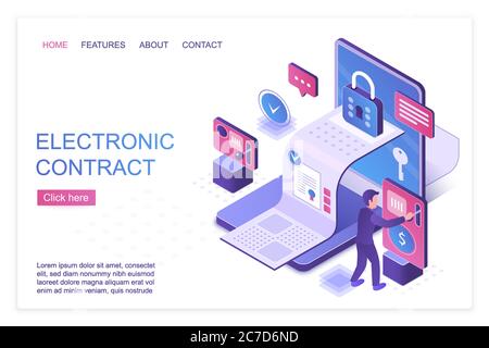 Electronic contract isometric landing page vector template. Personal data protection and encryption, cyber security services website design layout. Smart contract, digital agreement 3d concept Stock Vector