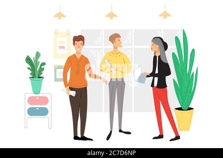 Office people scene. Men and women taking part in business meeting, negotiation, brainstorming, talking to each other cartoon vector illustration Stock Vector