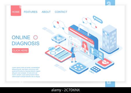 Online diagnosis isometric landing page vector template. Online doctor consultation and appointment service website design layout. Medical checkup, healthcare, Iomt web page. Telemedicine 3d concept Stock Vector