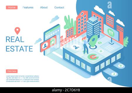 Real estate landing page isometric vector template. Choosing apartment. Realtor services 3d concept. House for rent. Property leasing. Apartment rental, accommodation search website homepage layout Stock Vector