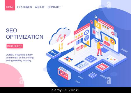 SEO optimization isometric vector landing page template. Digital marketing tool webpage design layout. Web development and website customization services 3d concept. Programming, IT industry Stock Vector