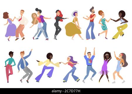 Vintage cartoon style happy pairs of dancers isolated. Men and women performing dance at competition, club, dance school, studio, party. Male and female cartoon characters dancing vector illustration Stock Vector