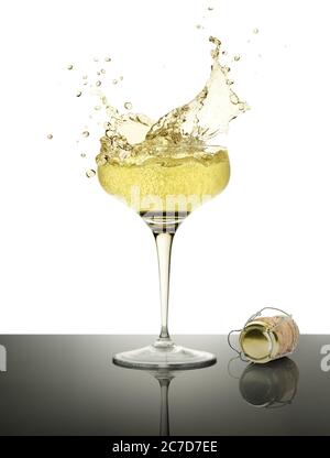 champagne splashing and cork isolated on white background Stock Photo