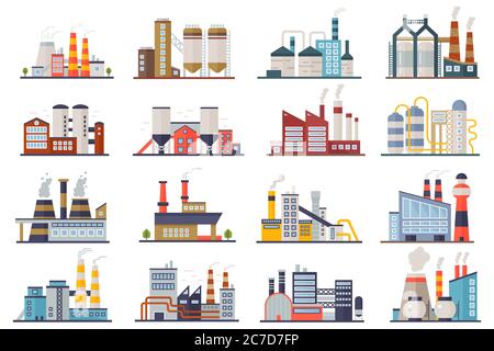 Factory industry manufactory power electricity buildings flat icons set isolated. Urban factory plant landscape vector illustration Stock Vector