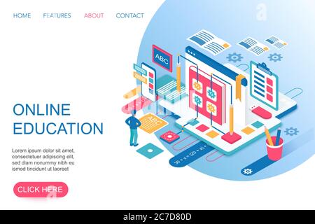 Online Education, training courses, internet university specialization 3d isometric landing page template vector illustration Stock Vector