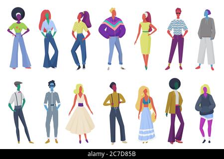 Group of minimalistic abstract retro fashion people wearing vintage clothes. Men and women in 60s, 70s 80s style clothing at retro disco party vector illustration Stock Vector