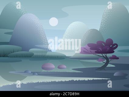 Cartoon fantasy foggy morning Japanese landscape of beautiful fabulous nature with mountains, lake, hills, trees, bushes. Vector flat traditional asian landscape in fog for card, poster Stock Vector