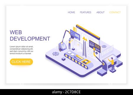 Web development and design infographics. Desktop website and mobile website concept with people 3d isometric landing website page template vector illustration Stock Vector