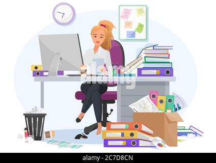 Exhausted overwhelmed by work young female employee stays late at work in the office. Tired by workload woman with a lot of paperwork, additional tasks vector illustration Stock Vector